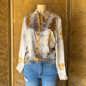 Escada 80s Elegant White and Gold Button-Up Shirt